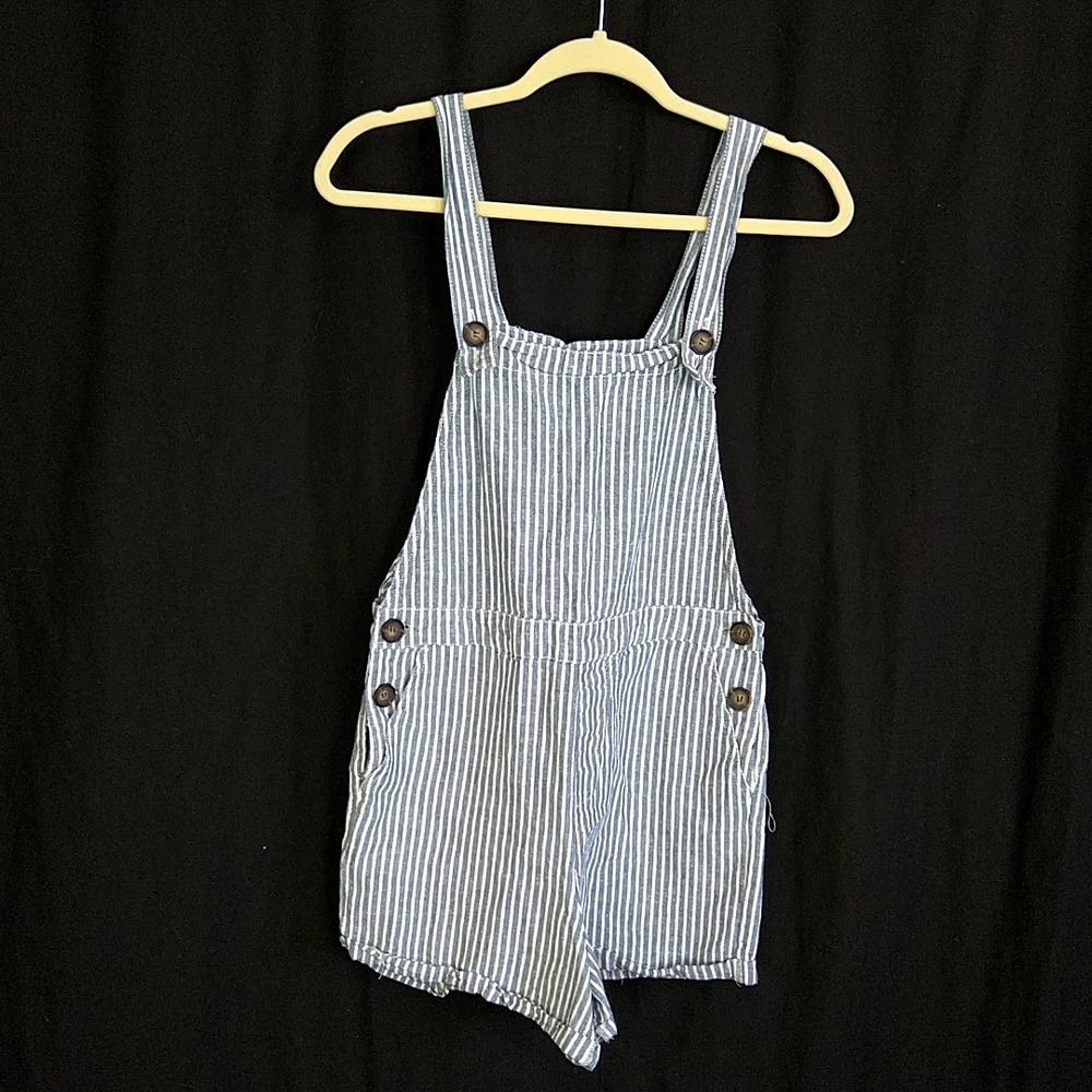 Cali 1850 Shortall Overalls Womens Medium Blue White Striped Linen Cotton Blend